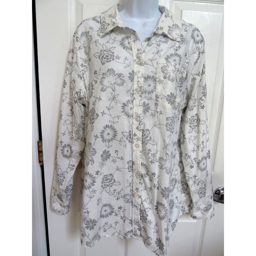 LANDS' END Sz Large 14/16 Classic Button Down Blouse Floral 100% Cotton Career